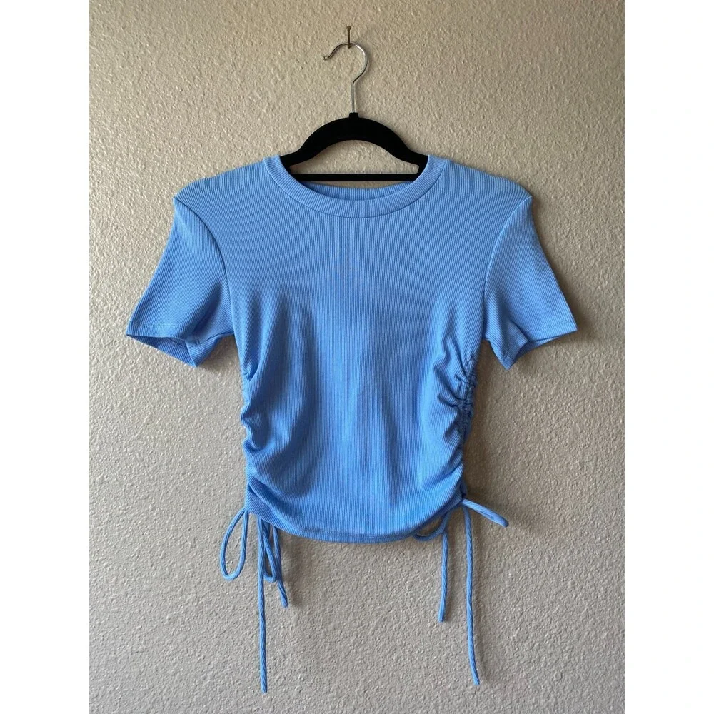 Zara Ruched Ribbed Top Blue - Picture 5 of 13